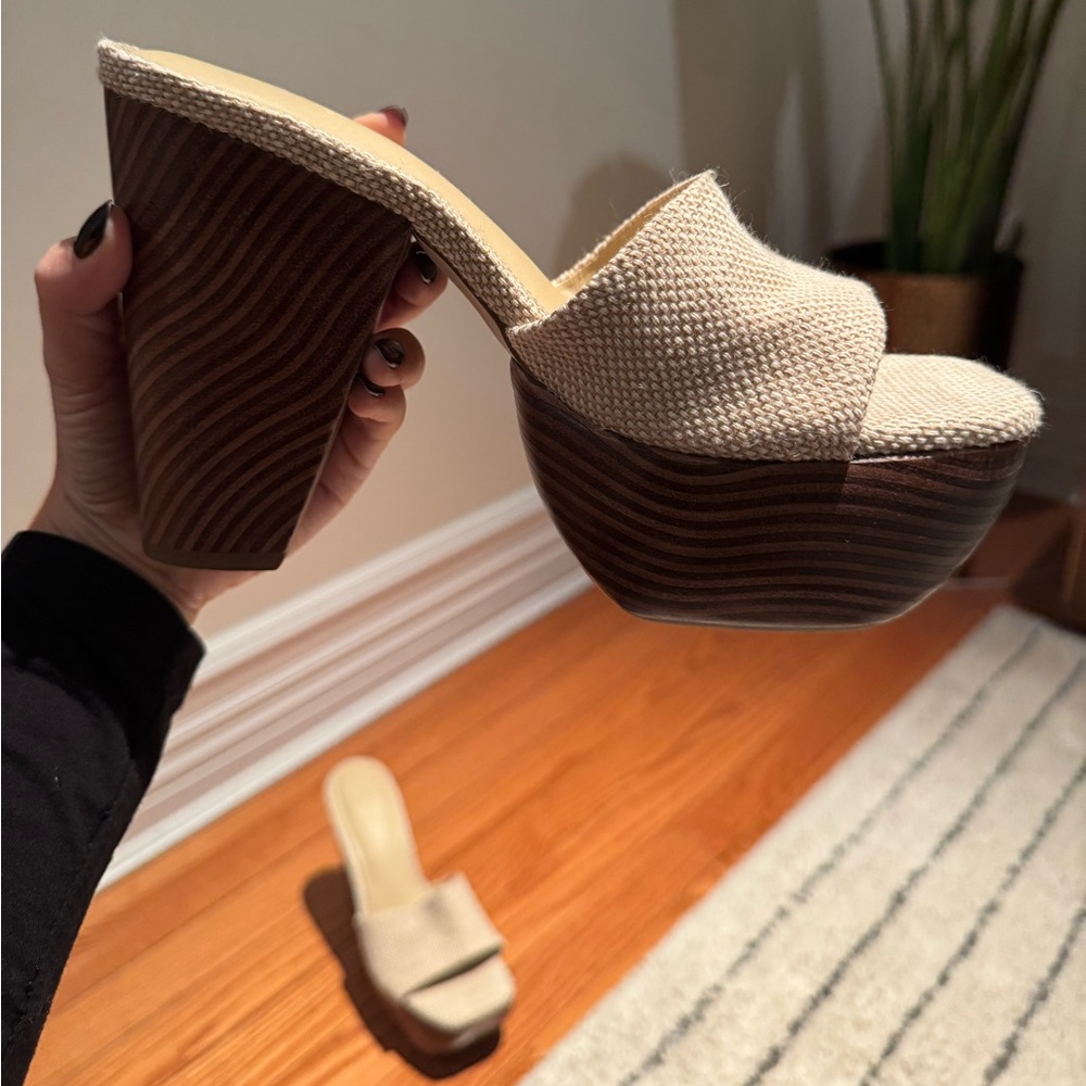 Cult Gaia Cream and Brown Mules with Platform Sole